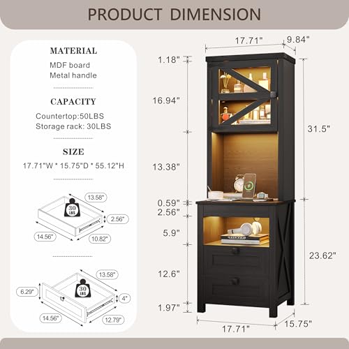 HWB Tall Night Stand with Charging Station and LED Lights, Farmhouse Nightstand with Gun Drawer&Adjustable Shelf, Bedside Table with 3 Drawers for Bedroom, Black HWB