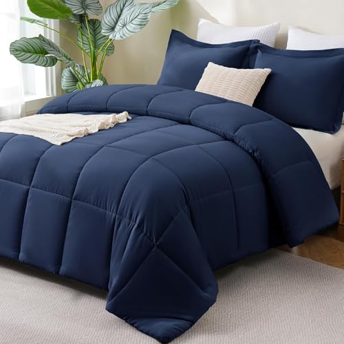 CozyLux Full Size Comforter Sets - Navy Blue Comforter Full Size, 3 Pieces Box Stitched Bed Set for All Seasons, Soft Lightweight Bedding Sets with 1 Down Alternative Comforter and 2 Pillow Shams CozyLux