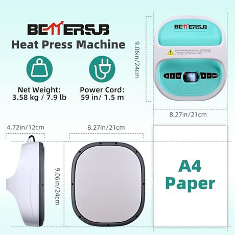 BetterSub Heat Press Machine for T-Shirts, Portable Heat Press, Iron Press for Sublimation and HTV Vinyl Shirt Press Machine for Hat, Bags, Heating Transfer Projects (8.27"×9.06" Teal) BetterSub