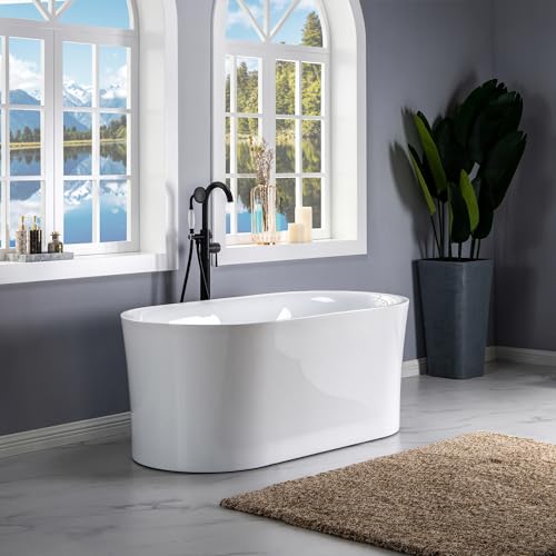 WOODBRIDGE 59" Acrylic Freestanding Bathtub Contemporary Soaking Tub with Matte Black Overflow and Drain, White Tub WOODBRIDGE