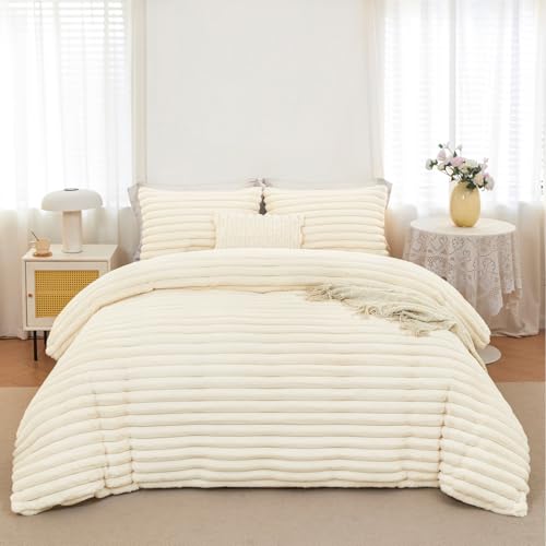 ANGIYUIN 3 Pieces Cream Fluffy Girls Duvet Cover Set Twin Beige Faux Fur Stripe Comforter Cover Luxury Fuzzy Bedding Cover Set for Kids Teens 1 Duvet Cover with 2 Pillowcases(Cream Twin) ANGIYUIN