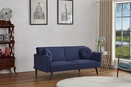 Container Furniture Direct 72" Retro Velvet Sofa Bed - Vintage Modern Convertible Futon w/Reclining Backrest - Velvet Upholstery on Solid Wood Frame (72" L x 34.6" W x 30.23" H), Dark Blue Container Furniture Direct