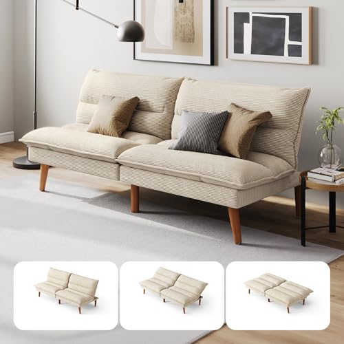 LINSY HOME Futon Sofa Bed - Convertible Corduroy Futon Couch Bed with Adjustable Backrest, Modern Small Loveseat Sleeper Sofa for Small Spaces, Living Room, Apartment or Office (Beige) LINSY HOME