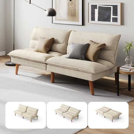 LINSY HOME Futon Sofa Bed - Convertible Corduroy Futon Couch Bed with Adjustable Backrest, Modern Small Loveseat Sleeper Sofa for Small Spaces, Living Room, Apartment or Office (Beige) LINSY HOME