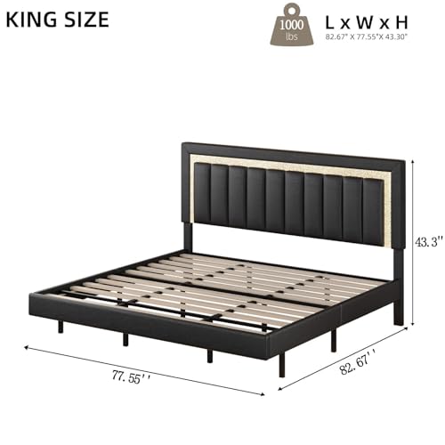 HOMBCK Floating Bed Frame King with Smart LED Lights, Faux Leather Upholstered Platform Bed with Diamond PU Headboard, No Box Spring Needed, Noise-Free, Easy Assembly, Black HOMBCK