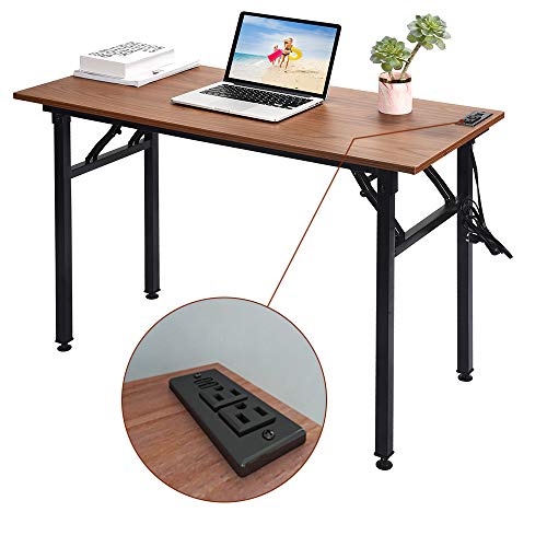 Frylr Folding Computer Desk with Plugs & USB Ports, Home Office Desks Foldable 43.3x19.6x29.5 Inch Study Table for Student Writing Desk for PC/Laptop, No Installation, Walnut + Black Leg - WoodArtSupply