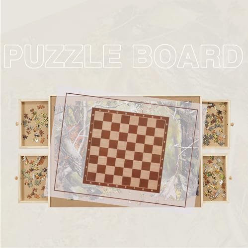 Redipo 1500 Pieces Wooden Puzzle Board, Puzzle Table with 4 Drawers, 36" x 25" Portable Lazy Susan Spinning Puzzle Boards with Cover Mat and Chess Set, Rotating Puzzle Tables for Adults and Kids Redipo