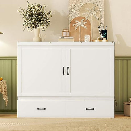 JULYFOX Murphy Bed Chest Queen Size, Hard Wood Platform Bed with Headboard Storage Drawers Underneath No Box Spring Needed 500 lbs Heavy Duty for Small Spaces(Queen,White) JULYFOX