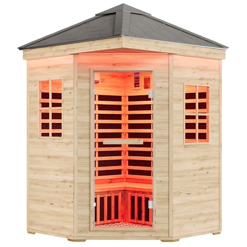 Albott Outdoor Sauna 4 Person, Infrared Saunas for Home, Low EMF 2850W/240V/20A Spruce Wood Dry Sauna with Tourmaline Stone Foot Warmer, 7-Color Light Therapy & 2 Bluetooth Speakers, 59.1"x59.1"x98.4" Albott