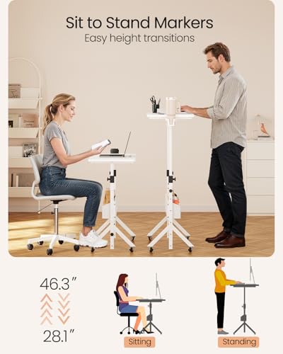 ErGear Mobile Standing Desk with Wheels, Adjustable Height 28.3″ to 46.3″, Rolling Laptop Cart with Cup Holder, Storage Basket, Computer & Pen Slot, Home Office Stand Up Desk, White (31.5″ x 15.75″) ErGear