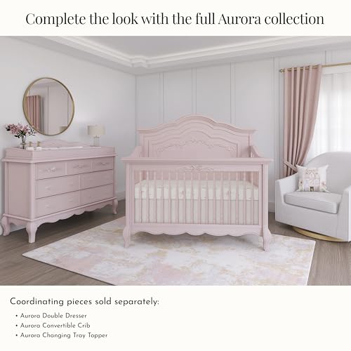 Evolur Aurora 5-in-1 Convertible Full-Size Baby Crib in Dusty Rose, GreenGuard Gold & JPMA, 3 Mattress Heights, Ribbon Bow Scrollwork & Queen Anne Feet, Converts to Toddler, Day & Full-Size Bed