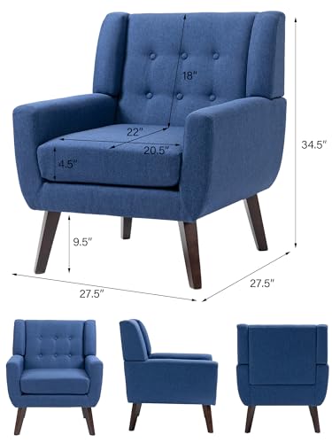 Accent Chair, Mid-Century Modern Fabric Chairs with Arms for Living Room, Comfy Upholstered Club Single Sofa Armchair for Bedroom Waiting Room with Solid Wood Frame (Fabric Navy Blue, Set of 1) DREAMSIDEA