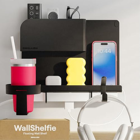 WallShelfie Bedside Wall Organizer & Dorm Decor - Dorm Room Essential, Floating Bedside Shelf Wall Mount Organizer, Remote Control Holder, Cool Teen Girls Trendy Stuff, Room Organization (Black) Smallish