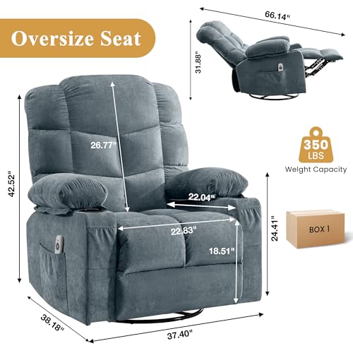 Oversized Massage Swivel Recliner Chair with Lumbar Heating for Living Room Rocker Recliner Single Sofa with Cup Holders and USB Charge Port, Large Big Chair Recliners for Adult