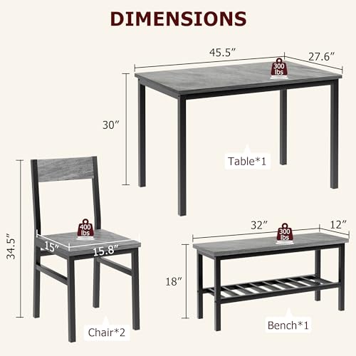 GAOMON Dining Table Set for 4, Modern Kitchen Table with 2 Chairs and Bench for Small Space, 4-Person Dining Room Table Set with Metal Frame and Storage Rack, Dinette Set for Apartment, Gray GAOMON