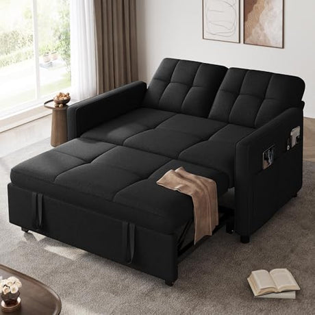DWVO 55" Convertible Sofa Bed, 3-in-1 Sleeper Sofa with Pull-Out Bed, Linen Futon Couch with Adjustable Backrest and Side Pocket, Modern Loveseat for Living Room Apartment, Balck DWVO