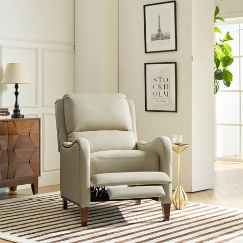 HULALA HOME Genuine Leather Recliner Chair, Modern Push Back Recliner Armchair with Thick Seat, Backrest & Footrest, Nailhead Decor for Living Room, Bedroom, Beige
