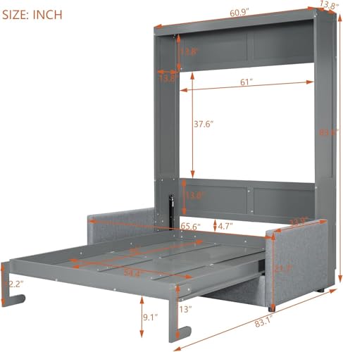 Virubi Full Murphy Bed with Couch,Wood Folding Murphy Wall Bed Cabinet with Sofa (Grey,Full) Virubi