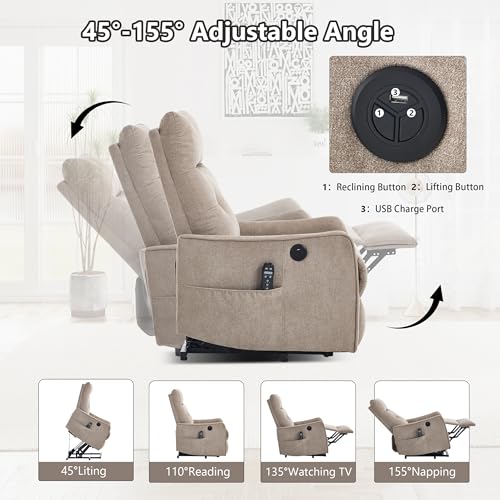 EZZUP Power Lift Recliner Chair with Vibration Massage and Heat for Petite Elderly, Small Lift Chair with Side Pocket Remote Control, Infinite Position, Polyester Fabric Khaqi