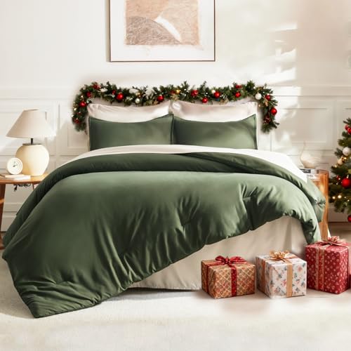 Litanika Dark Olive Green Comforter Set Full, 3 Pieces Solid Bedding Comforter Set, All Season Fluffy Bed Set (79x90In Comforter & 2 Pillowcases)