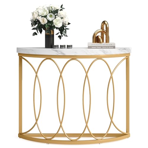 LITTLE TREE Half Moon Gold Console Table, 43 Inch Modern Faux Marble Entryway Table, Narrow Semi Circle Sofa Accent Table with Geometric Metal Frame for Living Room, Hallway LITTLE TREE