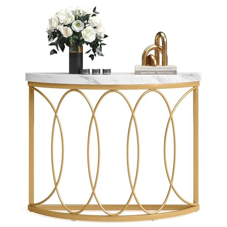 LITTLE TREE Half Moon Gold Console Table, 43 Inch Modern Faux Marble Entryway Table, Narrow Semi Circle Sofa Accent Table with Geometric Metal Frame for Living Room, Hallway LITTLE TREE