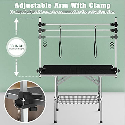 Lyromix Dog Grooming Table, Adjustable Large Pet Drying Desktop, Foldable Bathing Desk with Arms, Noose, Mesh Tray, Maximum Capacity Up to 330Lb