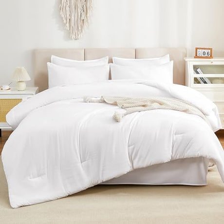 Litanika Comforter Full Size Set White - 7 Pieces Bed in a Bag Full Bedding Comforter Sets, Plain Lightweight Bed Set with Comforter, Sheets, Pillowcases & Shams Litanika