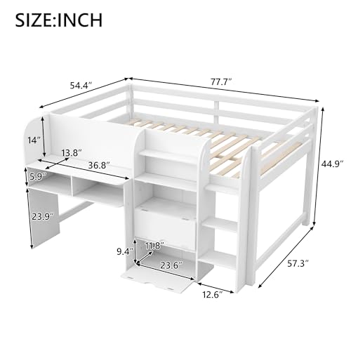 LUMISOL Full Size Low Loft Bed with Built-in Desk and Open Bookcase, Multiple Functions Wooden Loft Bed Frame with Storage for Teens Boys Girls, White LUMISOL