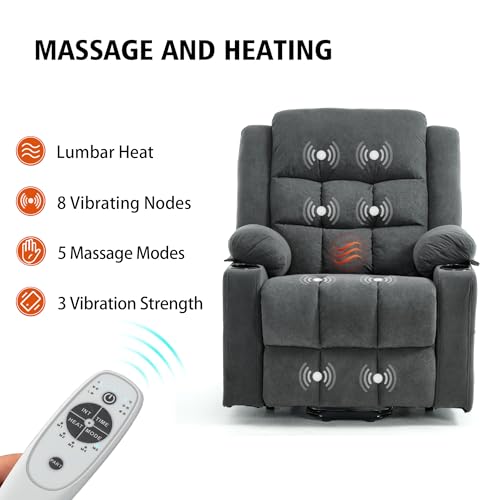 Ketaiyou Electric Power Lift Recliner Chair Sofa with Massage and Heat for Elderly, USB and Type-C Ports, Cup Holders, Infinite Position (Dark Grey, Regular)