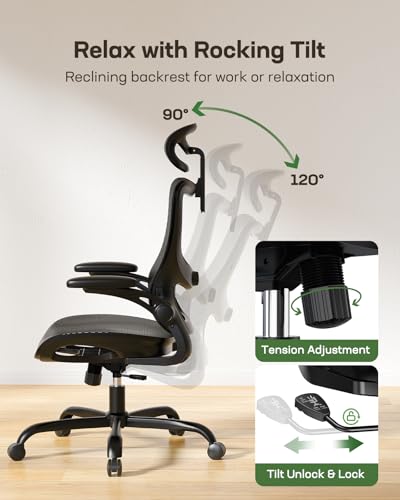 Marsail Ergonomic Mesh Office Chair High Back Home Office Desk Chair with Adaptive Lumbar Support, 2D Headrest, 3D Flip-Up Armrests, Height Adjustable and Rocking Tilt for Home Office and Gaming Marsail