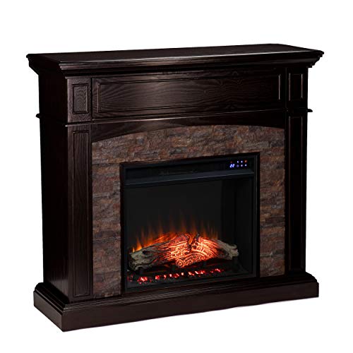 SEI Furniture Grantham Faux Stone Corner Electric Fireplace with Hidden Media Shelf, New Ebony SEI Furniture