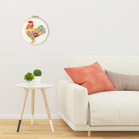 ElevateTech Funny Animal Embroidery Kits for Beginners Adults Cross Stitch Kits with Rooster and Flower Pattern DIY Needlepoint Starter Kit with Embroidery Cloth Hoops Threads for Craft Lover ElevateTech