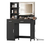 ProsperHaven Vanity Desk with LED Mirror and Lights, Makeup Vanity Table with Power Outlet, Drawers, Cabinet, Dressing Table with Open Storage Shelves for Bedroom, Dressing Room, Black ProsperHaven