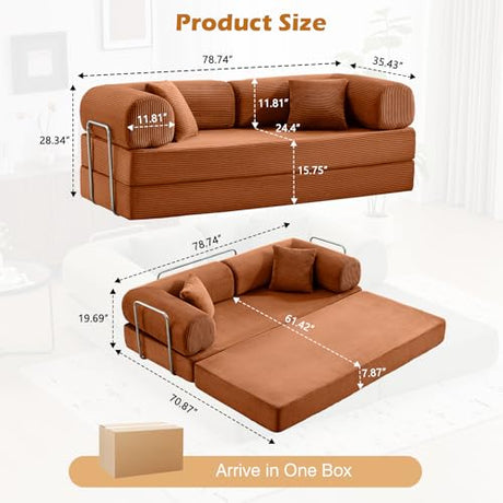 CozySpot Sofa Bed, 79" Convertible Sleeper Sofa with Pull Out Bed, 5-in-1 Folding Corduroy Futon Couch, Modular Loveseat Sofa Bed for Living Room, Bedroom & Apartment, Brown CozySpot