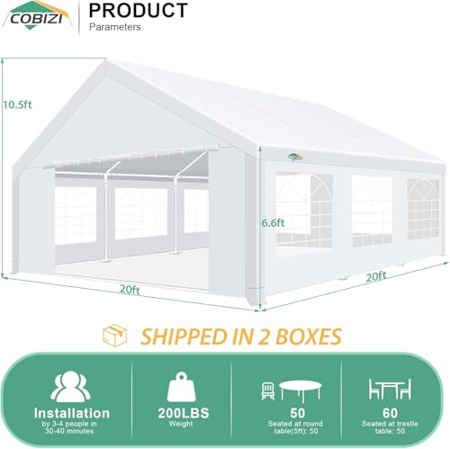 COBIZI 20x20FT Party Tent Heavy Duty Outdoor Gazebo White Event Shelter Wedding Canopy Tent for Parties Carport BBQ Commercial with Removable Sidewall Windows, Powder Coating (Better Than Galvanized) COBIZI