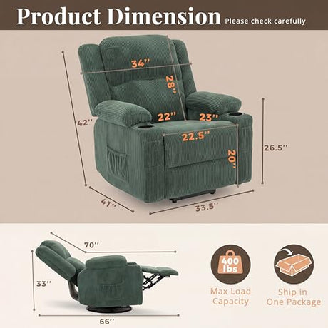 IKAKOS 360 Degree Swivel Rocker Recliner Chair with Heat and Massage, Soft Corduroy Manual Reclining Nursery Glider with USB Port, 2 Cup Holders & 4 Storage Pockets, 400lbs Capacity (Green) IKAKOS