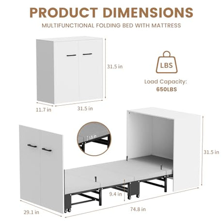 NAIZEA Murphy Bed w/Mattress, Foldable Murphy Bed Cabinet, 75" x 29" Cot Size Fold Out Beds for Guest Bedroom, Living Room, Office, Easy Pull Out and Folding NAIZEA