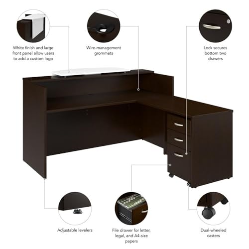 Bush Business Furniture Arrive 72W x 72D L Shaped Reception Desk with Counter and Mobile File Cabinet in Mocha Cherry Bush Furniture