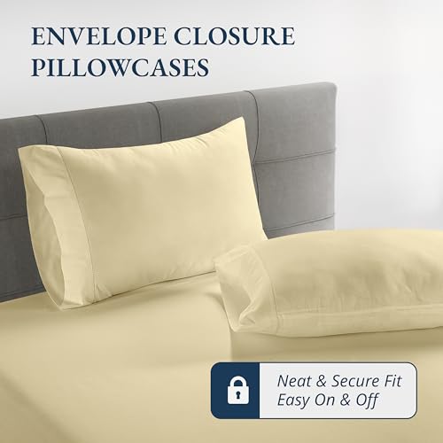 LANE LINEN Twin Fitted Sheets, 100% Organic Cotton 2-Piece Set (1 Fitted Sheet, 1 Pillowcase), Percale Weave, Bottom Sheet, Soft, Breathable, Fits Mattress Upto 15' Deep - Vanilla (No Flat Sheet) LANE LINEN