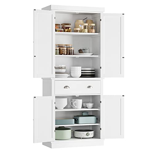 FOTOSOK 72" Utility Pantry Storage Cabinets for Kitchen, Dining Room, Living Room, White , Freestanding Cupboard with 4 Doors, Drawer, 4 Shelves FOTOSOK