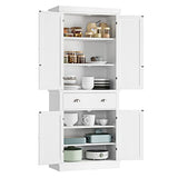 FOTOSOK 72" Utility Pantry Storage Cabinets for Kitchen, Dining Room, Living Room, White , Freestanding Cupboard with 4 Doors, Drawer, 4 Shelves FOTOSOK
