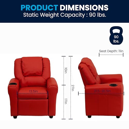 Flash Furniture Vana Vinyl Kids Recliner with Cup Holder, Headrest, and Safety Recline, Contemporary Reclining Chair for Kids, Supports up to 90 lbs., Red