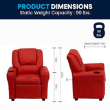 Flash Furniture Vana Vinyl Kids Recliner with Cup Holder, Headrest, and Safety Recline, Contemporary Reclining Chair for Kids, Supports up to 90 lbs., Red