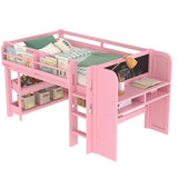 Bellemave Twin Loft Bed with Storage Boxes and Bookshelves, Solid Wood Kids Loft Bed with Desk and Blackboard, Low Loft Beds Frame for Kids, Girls, Boys, Childlike Design, Pink Bellemave