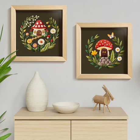 ERKOON Embroidery Kit for Beginners, 2 Set Flower Cross Stitch Set Include Embroidery Cloth Hoops Threads for Craft Lover Hand Stitch with Embroidery Skill Techniques (Mushroom) ERKOON