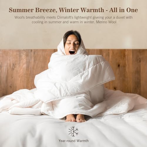 KUSNUG Climaloft Hybrid Wool Comforter Queen Size with 100% Organic Cotton, Hypoallergenic Down Alternative Luxury Duvet Insert with Tabs, Temperature Regulating All-Season Bedding, White KUSNUG