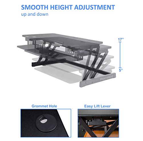 Rocelco 37.5" Deluxe Height Adjustable Standing Desk Converter - Quick Sit Stand Up Dual Monitor Riser - Gas Spring Assist Computer Workstation - Large Retractable Keyboard Tray - Black (R DADRB) Rocelco