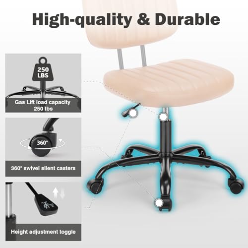 DUMOS Small Armless Home Desk Executive Chair with Low Back for Small Space, Height Adjustable PU Leather Computer Task Office Chair with 360° Swivel Wheels for Kids and Adults, Dark Brown DUMOS