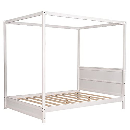 Favfurish Queen Size 4-Post Canopy Platform Bed with Headboard and Support Legs,Solid Wood Bed-Frame for Kids Teens Adults, No Box Spring Needed,Easy Assembly,White